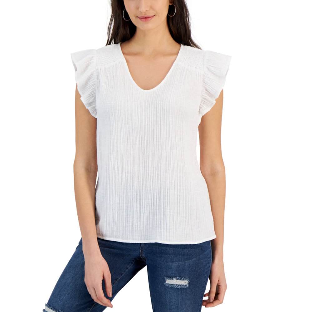 Style & Co Small White Ruffle Sleeve V-Neck Flutter-Sleeve Blouse Top NWT